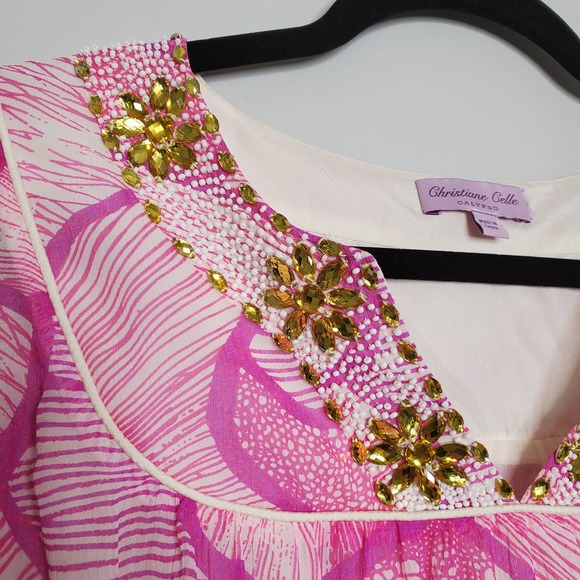 CALYPSO CHRISTIANE CELLE Pink Embellished Short Sleeve Silk Mini Dress Sz S/M - Picture 4 of 7